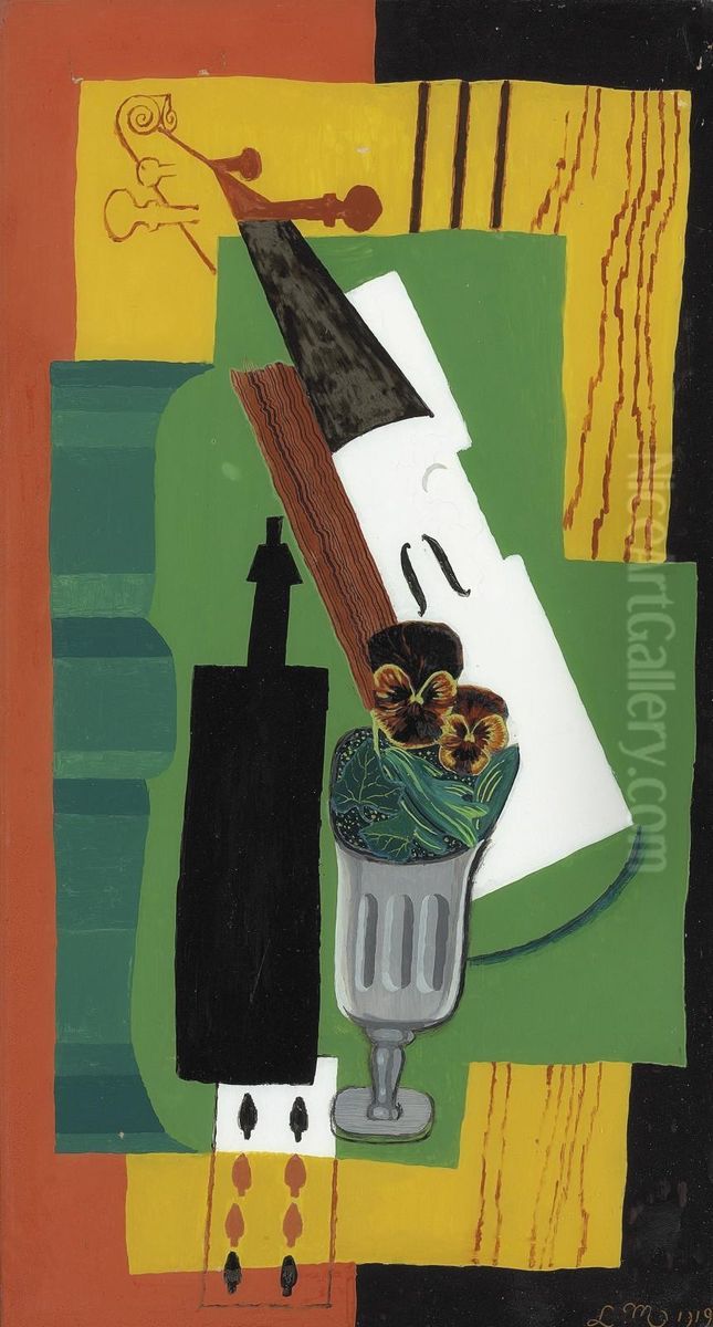 Violon, Bouteille Fleurs Dans Un Verre Et Huit De Pique Oil Painting by Louis Marcoussis
