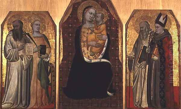 Triptych Madonna and Child flanked by four saints Oil Painting by Simone Puccio di