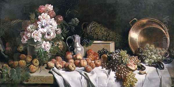 Still life with flowers and fruit on a table Oil Painting by Alfred Petit