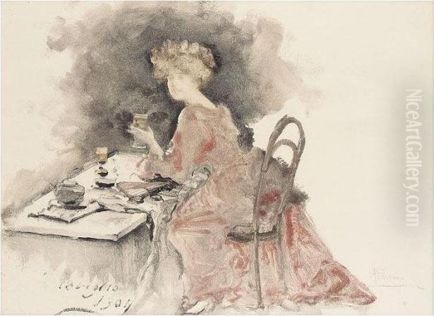 Donna Pensierosa; And Donna Con Bicchiere Oil Painting by Pompeo Mariani