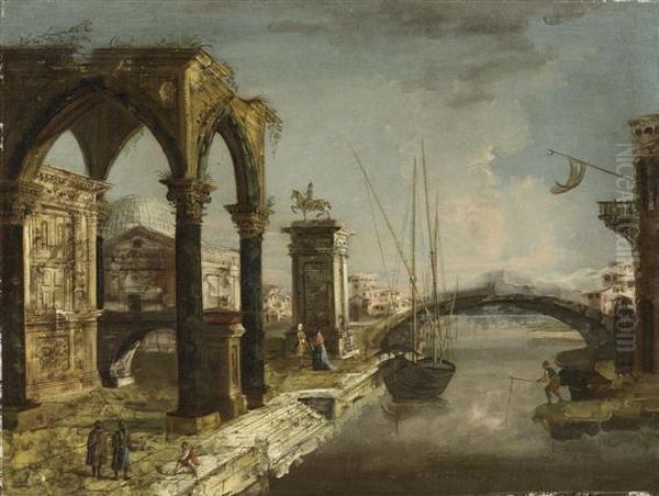 Pair Of Works:cappriccio With 
Triumphal Arch/ Capriccio With Gothic Portico Andarchitectural Elements. Oil Painting by Michele Marieschi