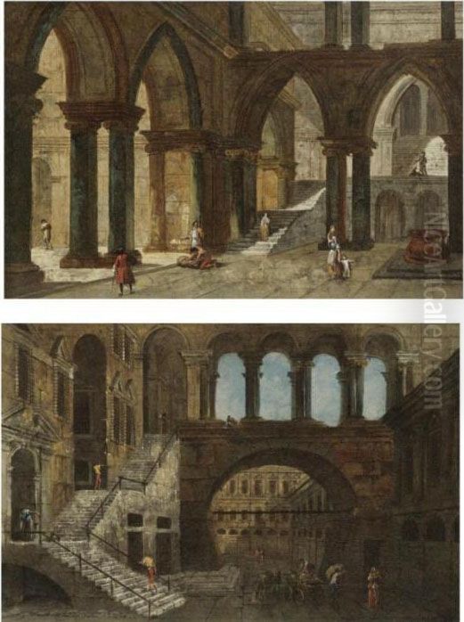 Architectural Fantasy With 
Gothic Arches; Architectural Fantasy With A Staircase In An Open 
Courtyard Oil Painting by Michele Marieschi