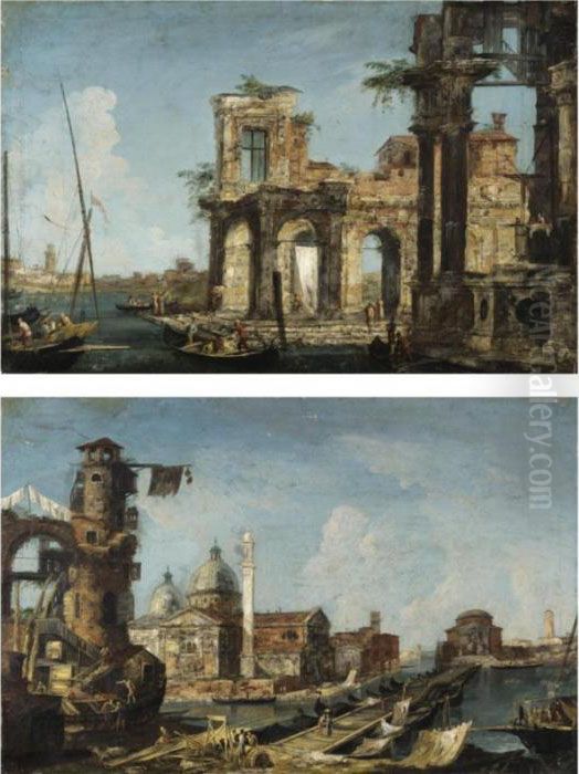 Capriccio Architettonico Con 
Porticato E Figure Su Imbarcazioni;capriccio Architettonico Con Chiesa 
Palladiana Con Cupole E Torre Oil Painting by Michele Marieschi