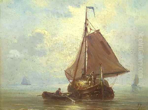 A haybarge in a calm Oil Painting by Albert Jurardus van Prooijen