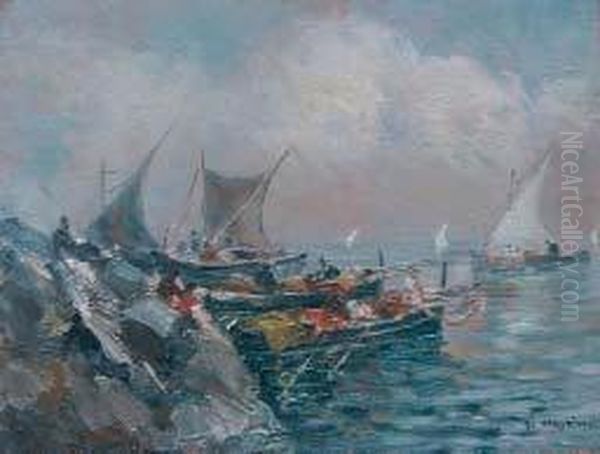 Marina Con Barche E Pescatori Oil Painting by Francesco Marino Di
