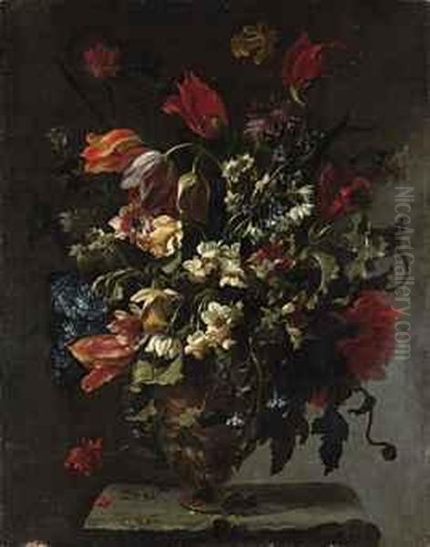 Narcissi, Daffodils, Clematis, 
Tulips, Carnations And Other Flowersin An Ornamental Vase, On A Stone 
Legde Oil Painting by Mario Nuzzi Mario Dei Fiori