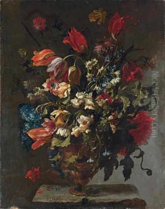 Narcissi, Daffodils, Clematis, 
Tulips, Carnations And Other Flowers In An Ornemental Vase On A Stone 
Legde Oil Painting by Mario Nuzzi Mario Dei Fiori
