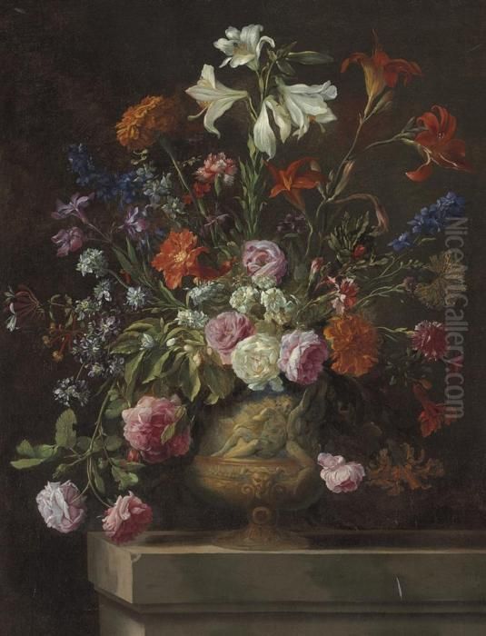 Lilies, Carnations, Roses, And 
Other Flowers In A Gilt Urn With Bas Relief, On A Stone Ledge Oil Painting by Mario Nuzzi Mario Dei Fiori