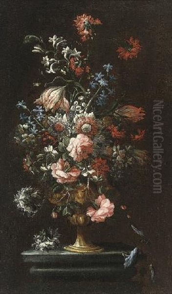 Roses, Carnations, Parrot 
Tulips, Chrysanthemums, Narcissi, Clematis And Other Flowers, In A 
Sculpted Urn On A Stone Plinth Oil Painting by Mario Nuzzi Mario Dei Fiori