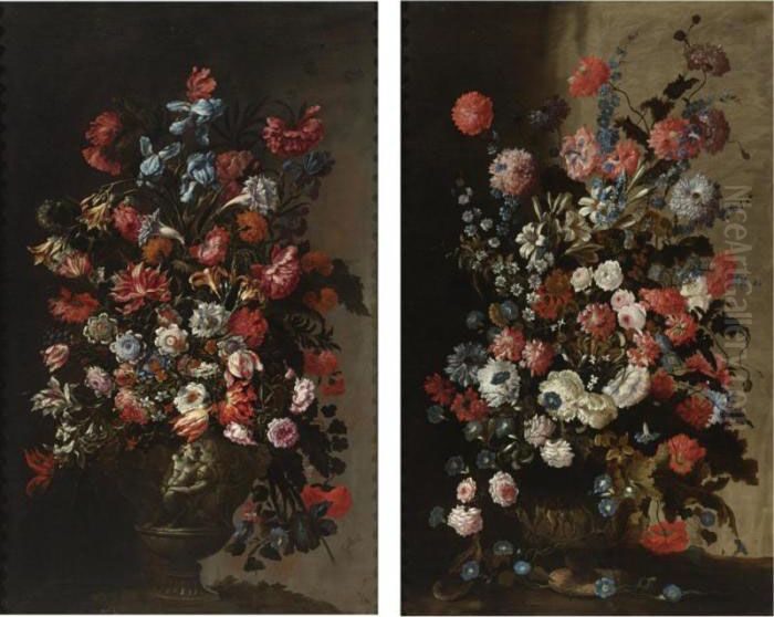 Still Life Of Tulips, Irises, 
Poppies And Other Flowers In A Sculpted Vase; Still Life Of Roses, 
Lilies, Poppies, Morning Glories And Other Flowers In A Sculpted Vase, 
With Two Partridges Oil Painting by Mario Nuzzi Mario Dei Fiori