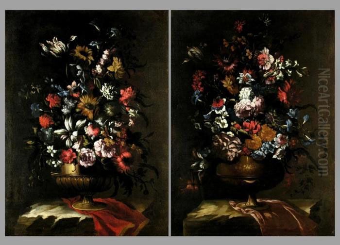 Gemaldepaar
 Stillleben Mit Blumen In Vase
 Auf Draperie Oil Painting by Mario Nuzzi Mario Dei Fiori