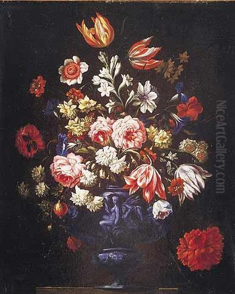 Par De Bodegones De Flores En Vasos Esculpidos Sobre Repisas De Piedra Oil Painting by Mario Nuzzi Mario Dei Fiori