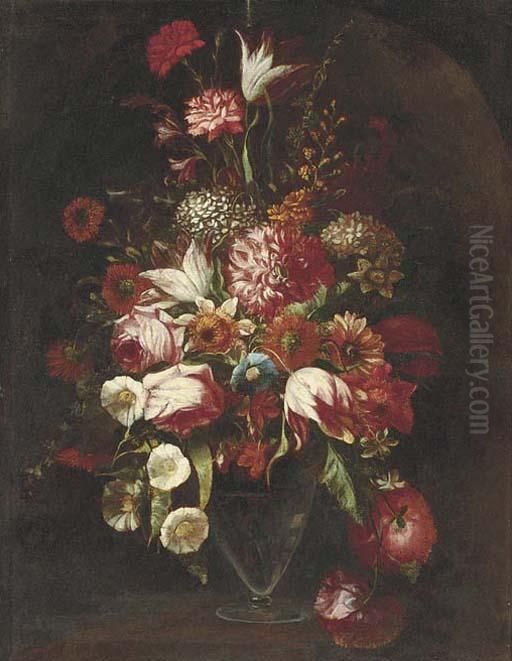 Parrot Tulips, Roses, Narcissi, 
Hydrangeas, Convolvulus And Otherflowers In A Glass Vase In A Niche Oil Painting by Mario Nuzzi Mario Dei Fiori