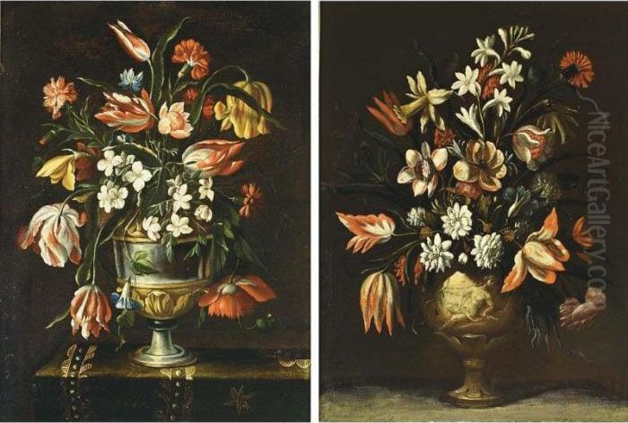 A Still Life With Tulips, 
Jasmin, Carnations, Auricula And Other Flowers In A Silver Gilt Vase On A
 Draped Table Oil Painting by Mario Nuzzi Mario Dei Fiori