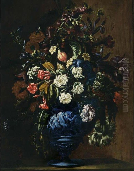 A Still Life With Roses, 
Carnations, Poppy Anemones, Cornflowers, Irises, Lilies And Other 
Flowers In A Blue Sculpted Stone Vase Oil Painting by Mario Nuzzi Mario Dei Fiori