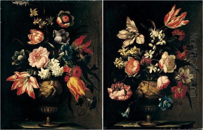 Still Lifes Of Various Flowers 
In Terracotta Vases With Female Figures In Relief, Upon Stone Plinths Oil Painting by Mario Nuzzi Mario Dei Fiori