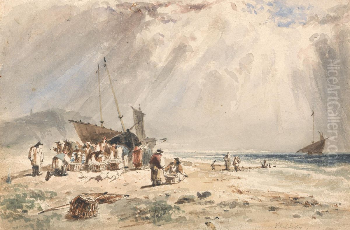 Fishmarket on the Beach Oil Painting by Giles Firman Phillips