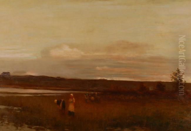 Extensive Marshland Landscape With Figures Oil Painting by Jacob Henricus Maris