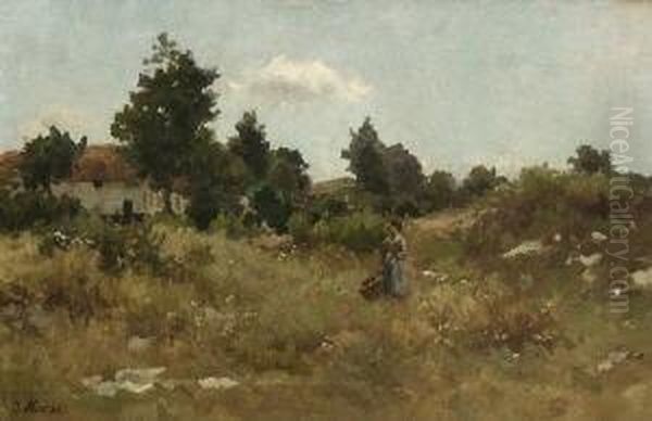 Junge Magd Mit Korb In
 Sommerlicher Landschaft. Oil Painting by Jacob Henricus Maris