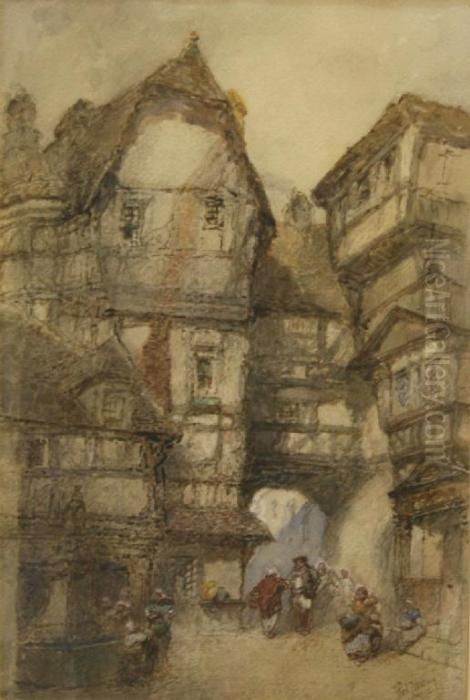 A Continental Street Scene Oil Painting by Paul Marny