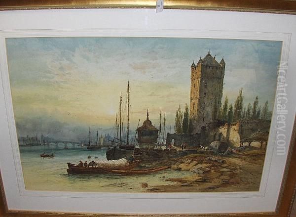 Capriccio River Landscape, With 
Arch Bridge, Shipping And A Medieval Tower In The Foreground Oil Painting by Paul Marny