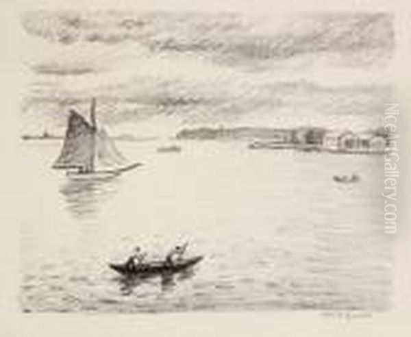 Vue D'une Baie Avec Barque Aux Deux Rameurs Et Voilier - Region De Saint-jean-de-luz Oil Painting by Albert Marquet