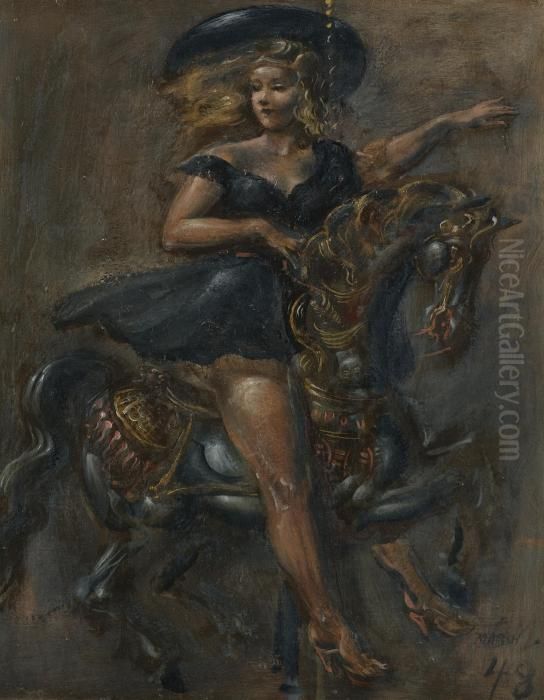 Girl On Carrousel Oil Painting by Reginald Marsh