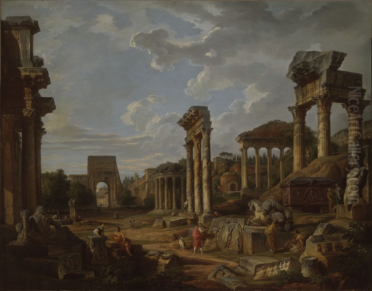 A capriccio of the Roman Forum Oil Painting by Giovanni Paolo Panini