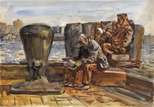 Two Men Reading On A Pier, New York Oil Painting by Reginald Marsh
