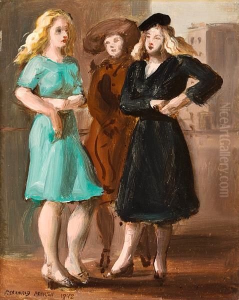 Three Women Standing On A Corner Oil Painting by Reginald Marsh