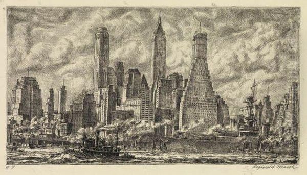 Skyline From Pier 10 Brooklyn Oil Painting by Reginald Marsh