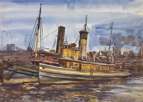 Tugboats Near The Brooklyn Bridge Oil Painting by Reginald Marsh