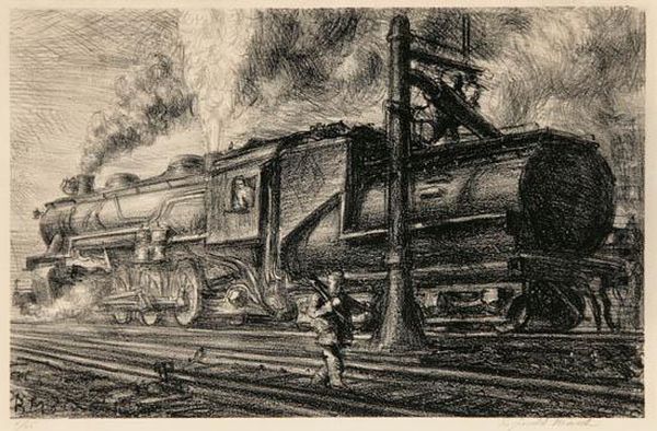 Erie R.r. Locowatering Oil Painting by Reginald Marsh