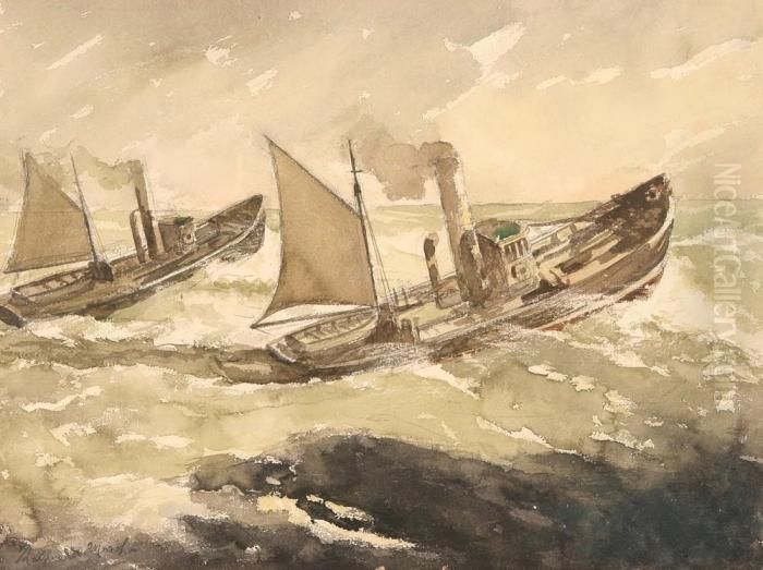 Tugboats In A Stormy Sea Oil Painting by Reginald Marsh