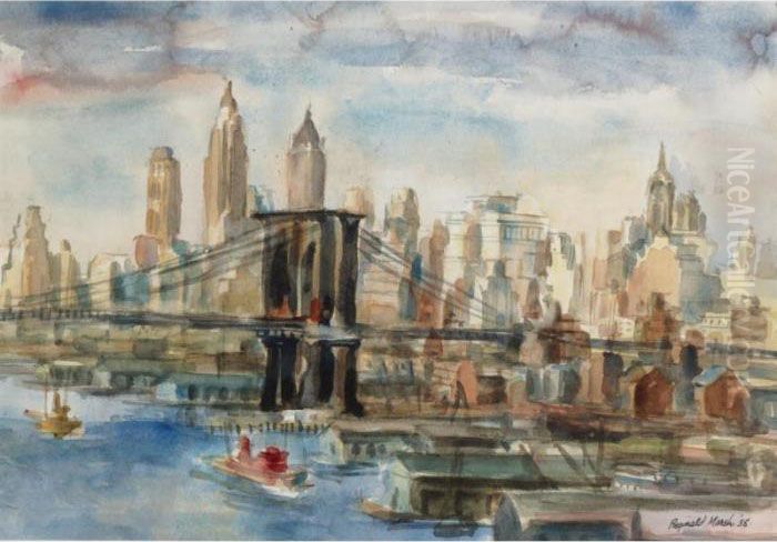 A View Of The Brooklyn Bridge And Lower Manhattan Oil Painting by Reginald Marsh