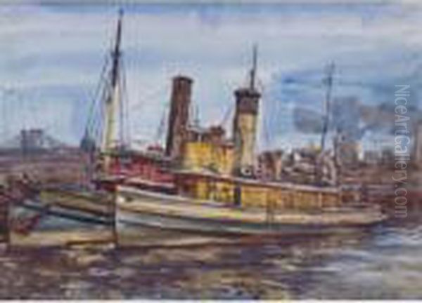 Tugboats By The Brooklyn Bridge Oil Painting by Reginald Marsh