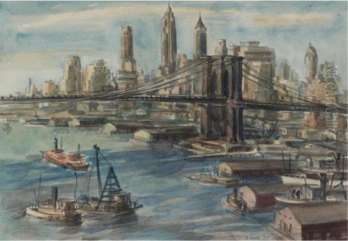 A View Of The Brooklyn Bridge And The East River From Thenorth Oil Painting by Reginald Marsh