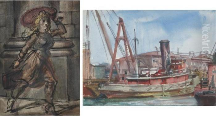 The Eugene Moran, Jr. And Girl Walking: A Double-sidedwatercolor Oil Painting by Reginald Marsh