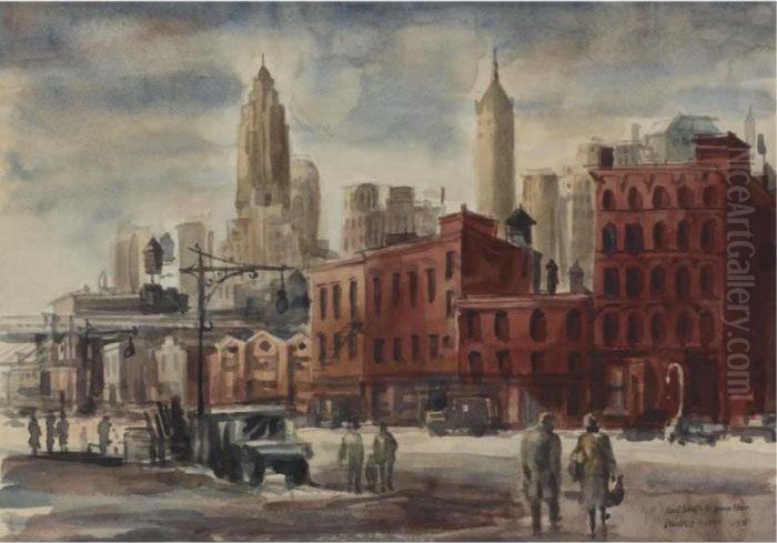Pearl Street At St. James Place Oil Painting by Reginald Marsh