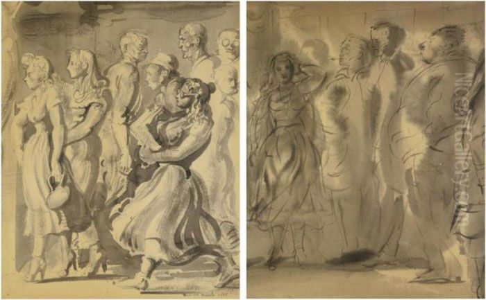 Young Women Walking On A Crowded Street: A Double-sideddrawing Oil Painting by Reginald Marsh