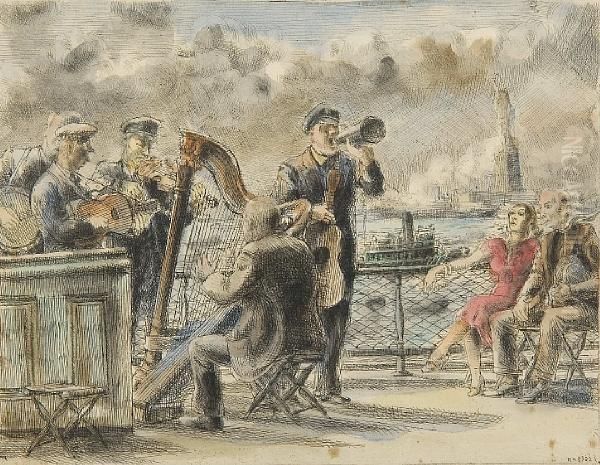 Band And Figures On A New York Harbourpleasure Cruiser Oil Painting by Reginald Marsh