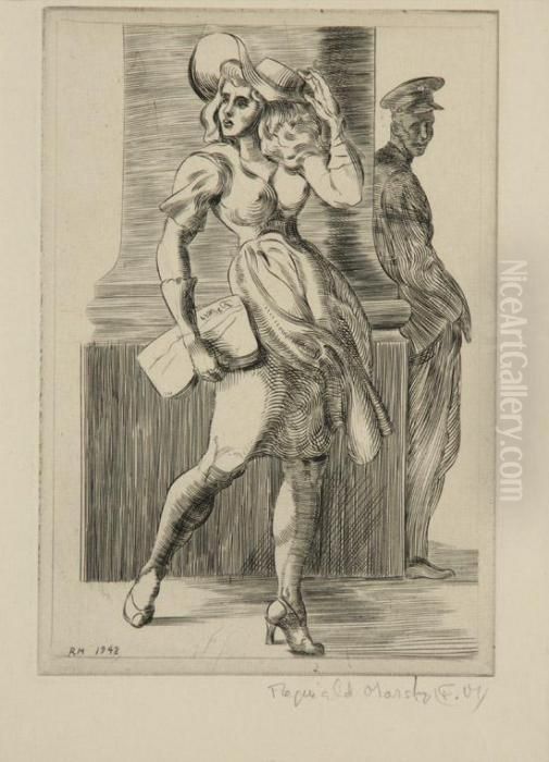 Girl Walking, Pillar, Soldier Oil Painting by Reginald Marsh