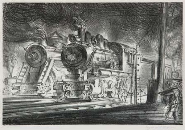 Switch Engines, Erie Yards, Jersey City, Stone No. 3 Oil Painting by Reginald Marsh