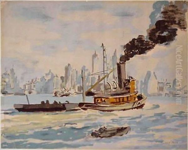 Tugboat In New York Harbor Oil Painting by Reginald Marsh