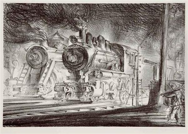 Switch Engines, Erie Yards Jersey City, Stone 3 Oil Painting by Reginald Marsh