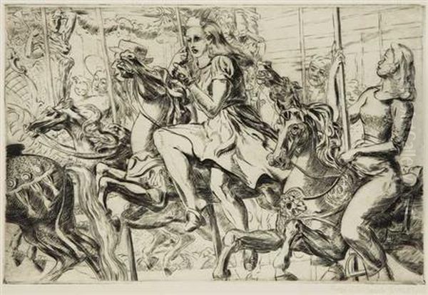 Wooden Horses; Merry Go Round Oil Painting by Reginald Marsh