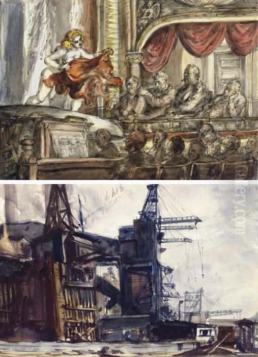 Burlesque; And The Docks: A Double-sided Work Oil Painting by Reginald Marsh