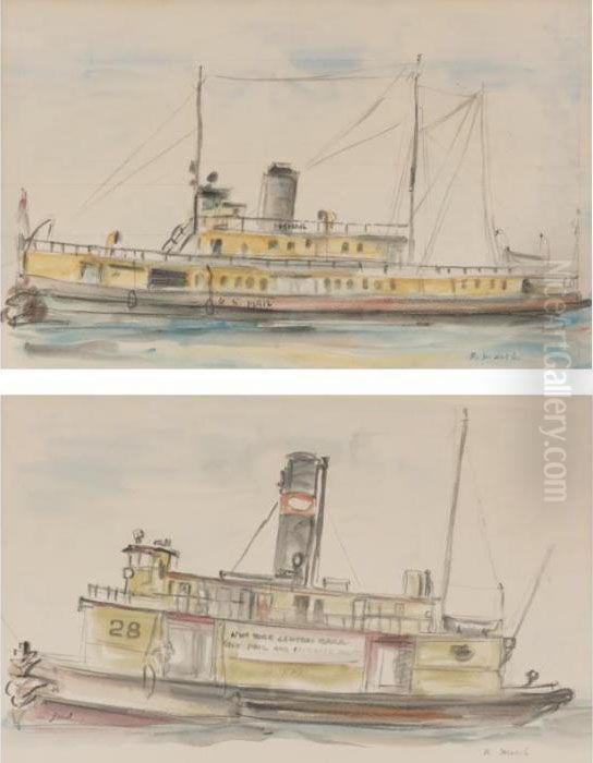 New York Harbor Mail Boats: A Pair Of Studies Oil Painting by Reginald Marsh