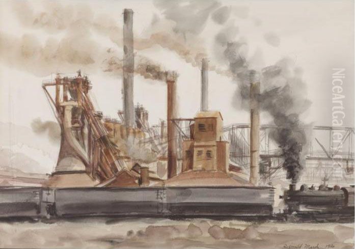 Industrial Landscape With Railroad Cars Oil Painting by Reginald Marsh