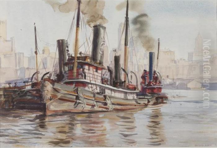 Tugboat With New York City Skyline Oil Painting by Reginald Marsh